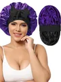 Bonnet de nuit en satin double couche violet foncé et noir avec un grand nœud - Violet + Noir