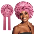 Pink satin bonnet for long hair with a large bow and adjustable straps on white background - Medium / Dark Dusty Rose