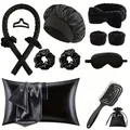 12-piece black silk heatless hair curler set with satin sleep cap and pillowcase - Satin Care Set / Black