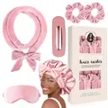 Roze heatless hair curler set met fluwelen staaf haarelastiekjes en satijnen masker - Dieproze (Haarroller Scrunchies Haarklem Oogmasker Slaapmuts)