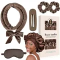 Bruine hittevrije krulset met fluwelen scrunchies en zijden slaapmasker voor lang haar - Bruin (Haarroller Scrunchies Haarklem Oogmasker Slaapmuts)