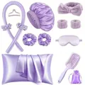 Lavender satin heatless hair curler set with sleep cap, eye mask, and pillowcase - Satin Care Set / Purple