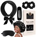 Zwarte hitteloze krulset met fluwelen lint en zijden slaapmasker voor lang haar - Zwart (Haarroller Scrunchies Haarklem Oogmasker Slaapmuts)