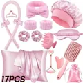 Roze 17-delige set met hittevrije krullers, satijnen kussensloop en accessoires - Uitgebreide Upgrade Versie Met Extra Componenten / Roze