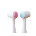 Brosse nettoyante visage double face en silicone avec poils souples et support vertical - Style Simple / Rose Blanc