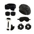 8-delige zwarte zijden slaapset met haarkruller, oogmasker en massage-instrumenten - Strik Massage Combinatie / Zwart