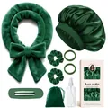 Donkergroene hittevrije krulset met slaapmuts, scrunchies en een grote haarklem - Groen (Haarroller Slaapmuts Scrunchies Elastiekjes Klem Sprayfles Tas)