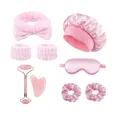Roze 9-delige hittevrije krulset met satijnen slaapmuts, oogmasker en jade gezichtsroller - Strik Massage Combinatie / Roze