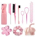 Pink 12-piece hair styling set including spray bottle, combs, clips and scrunchie - Pink / Braiding And Hair Styling Collection