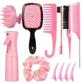 Pink hair care set featuring massage brush, spray bottle, detangling combs and hair clips - Pink Set With Spray Bottle