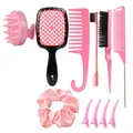 Pink hair styling set macro view including scalp brush combs scrunchie and hair clips - Pink Jewelry Set