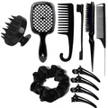 Professional 10-piece black hair styling set with scalp massager and hollow vent brush - Upgraded / Black Zirconia Set
