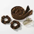Set per ricci senza calore in velluto marrone con due elastici e molletta trasparente - Set Fascia Elastici E Molletta (Caffè)