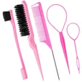 Set 5 pezzi strumenti per capelli rosa con pettine a coda, spazzola e passanti per capelli - Set da 5 Rosa