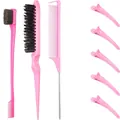 Set styling capelli rosa con pettine a coda, spazzola di setole e clip a coccodrillo - Set Da 8 Pezzi Rosa