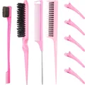 Dettaglio macro di un kit per capelli rosa da 9 pezzi con spazzole, pettini e fermagli - Set da 9 Pezzi Rosa