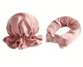 Set de bigoudis sans chaleur en satin rose poudré et bonnet de nuit pour boucles douces - Bonnet Rose Et Ruban A Boucler