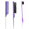 Detalle del kit de peinado morado con cepillo de cardar, peine de cola y cepillo de bordes - Estilo de Corte Plano / Púrpura