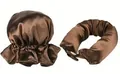 Kit de bouclage sans chaleur en satin marron avec bonnet de nuit assorti pour cheveux - Bonnet Cafe Et Ruban A Boucler