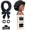 Set bigodini senza calore nero con fascia in velluto, elastici, clip e cuffia in raso - Set Cura Con Cuffia (Nero)