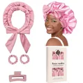 Set bigodini senza calore in velluto rosa con elastici coordinati e cuffia da notte - Set Cura Con Cuffia (Rosa)