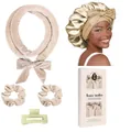 Set bigodini senza calore beige con asta in velluto, fiocchi, elastici e cuffia da notte - Set Cura Con Cuffia (Beige)