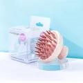 Scalp massager in beige with red silicone bristles and dry/wet use packaging - Pink