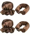 Set bigodini senza calore in raso marrone con due cuffie da notte e arricciacapelli - Cuffie Caffè E Nastri Arricciacapelli