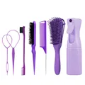 Vue détaillée d'un ensemble de 7 outils de coiffure violets avec vaporisateur - Violet Collection Coiffure Professionnelle