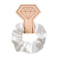 Detailed view of pearl white satin scrunchie with rose gold diamond display card - White