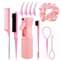 Kit de coiffure rose 11 pièces avec vaporisateur, brosse démêlante et peigne à queue professionnel - Rose Collection Coiffure Tout-En-Un