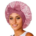 Pink satin hair bonnet for long hair featuring a wide elastic band and large decorative bow - Medium / Dusty Rose