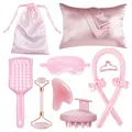 Pink personal care beauty set with satin pillowcase, massage comb and heatless hair curler - Massage Roller Pink Hair Care Collection