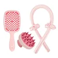 Pink hair care set with hollow vent brush, scalp massager, and silk heatless hair curler - Pink