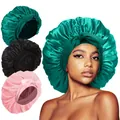 Silk satin bonnet for long hair in dark green, black and pink with bow tie - Medium / Green