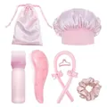 Pink 6-piece hair care set with silk sleep cap, brush, and heatless hair curlers - TT Massage Brush Pink Hair Care Collection