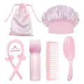 Pink hair care set with satin bonnet, heatless curls, comb, and spray bottle - Oval Cushion Brush Pink Hair Care Collection
