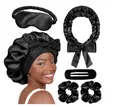 6-piece black satin hair care set with sleep cap, eye mask, headband and scrunchies - Satin Eye Mask Kit (5258) / Black