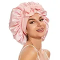 Pink satin sleep bonnet with large bow and elastic band for women hair care - Large / Coral Pink