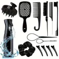 Ensemble détaillé d'outils de coiffure noirs avec flacon pulvérisateur et peignes - Noir Collection Vaporisateur Luxe