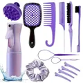 Vue détaillée du kit de coiffure violet avec flacon pulvérisateur et brosses de massage - Violet Collection Vaporisateur Luxe