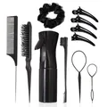 Vue détaillée du set de coiffure professionnel 11 pièces incluant vaporisateur et peignes - Noir Collection Coiffure Complète