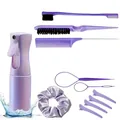 Détails du kit de coiffure violet incluant vaporisateur, peignes, chouchou et pinces - Violet Collection Coiffure Tout-En-Un
