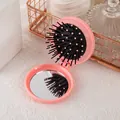 Pink foldable massage hairbrush with integrated vanity mirror and soft air cushion - Round Mirror Comb / Pink