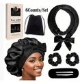 6-piece heatless hair curler set in black satin with sleep cap and velvet scrunchies - Velvet Bowknot Kit (5258) / Black