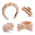 Detailansicht beige Wellness-Set mit Plüsch-Stirnband, mattem Haarclip und Armbändern - 5-teiliges Set / Stirnband Haarspange Haarrring Handgelenkband Set / Hellbeige