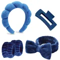 Kit spa bleu avec bandeau tressé rembourré, pince à cheveux, poignets et bandeau à nœud - Collection Bleu Foncé Bandeau Nuage Bracelets Noeud Pince