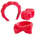 Vue macro d'un ensemble bandeau et poignets en microfibre douce rose-violette - Collection Rouge Bandeau Nuage Bracelets Noeud