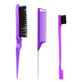 Ensemble de 3 outils de coiffure violets avec brosse en poils et peigne à queue en métal - Violet Trio Coiffure Essentiel
