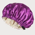 Detail of double-layer satin sleep cap with adjustable elastic strap and purple finish - Adjustable / Dark Purple And Beige Lining